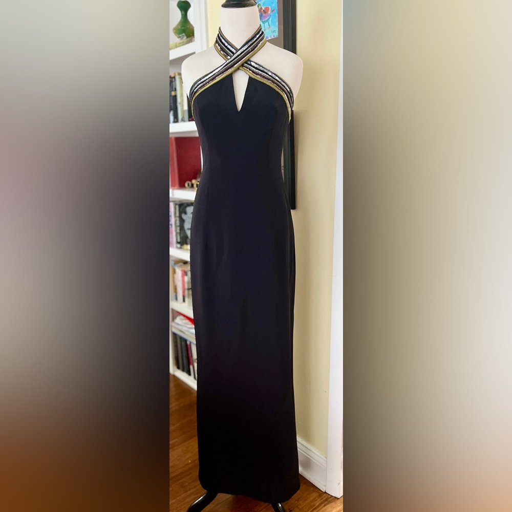 ESCADA Dress Formal Gown Black Sequin Stripe Trim Twist Halter Neck SZ 34/4 - Picture 13 of 16